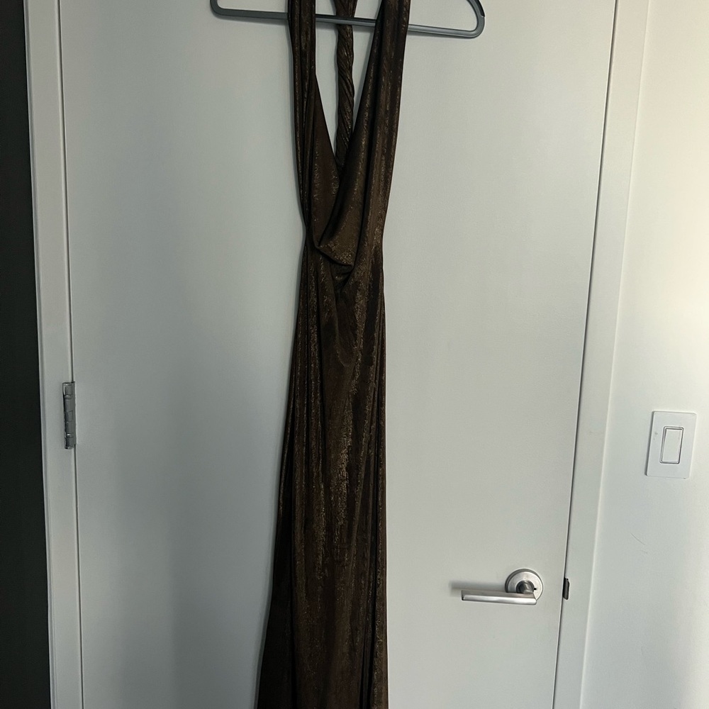 Zara Long Foil Gold Halter Dress